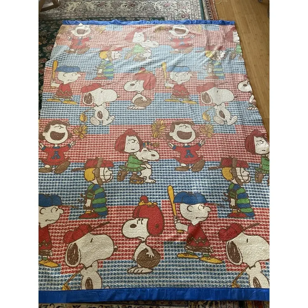 Vintage Peanuts Snoopy Acrylic Blanket – Cheer Baseball Lucy Charlie Satin Trim